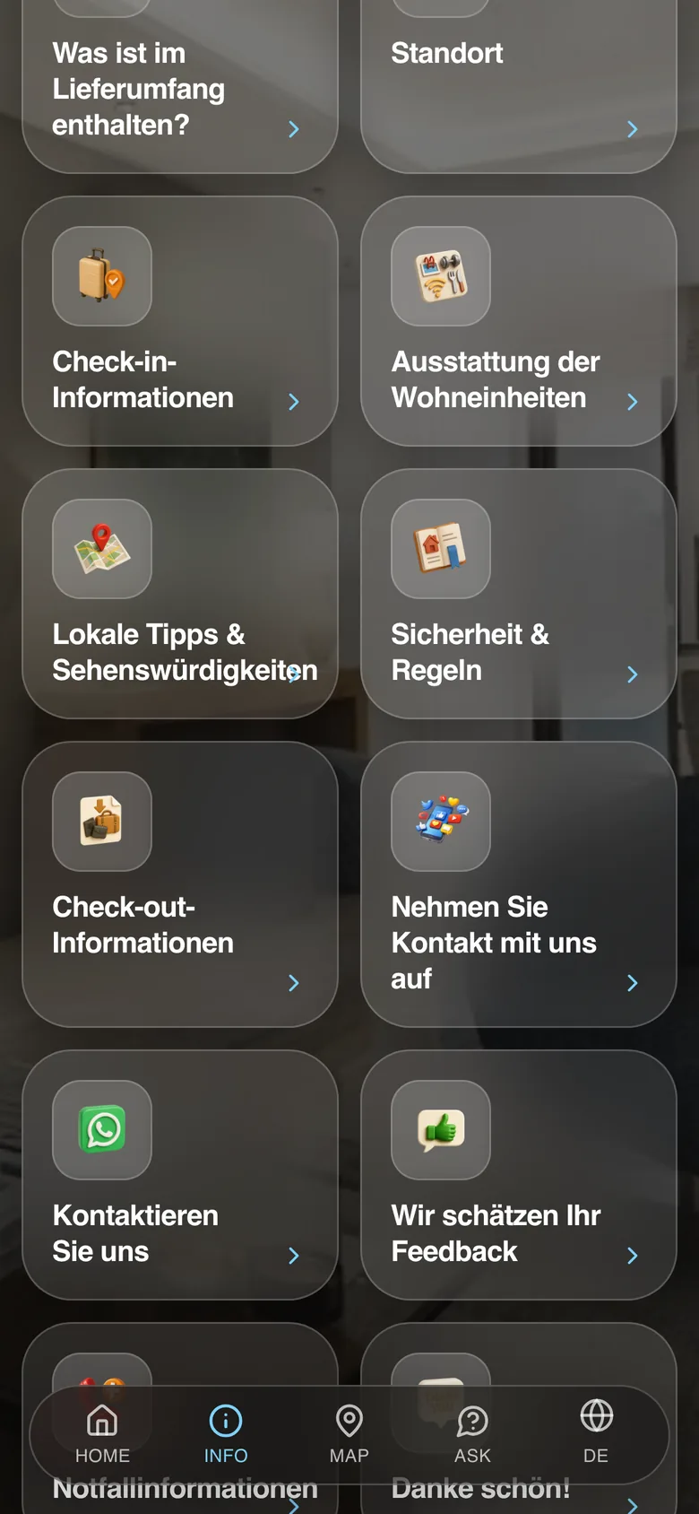 The same guest guide automatically translated into German, on a phone